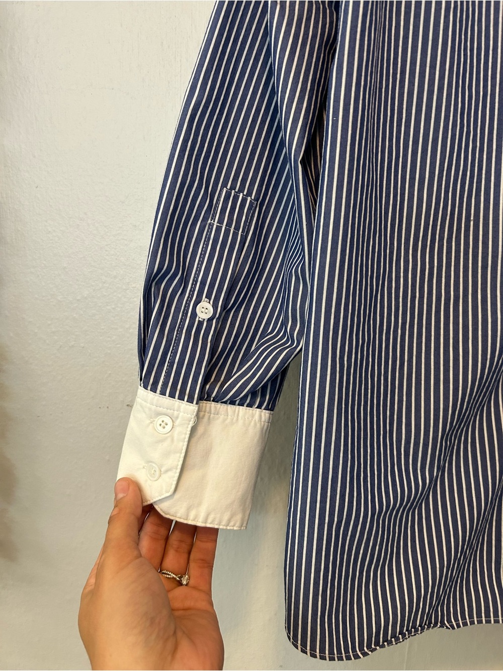 Truth Navy and White Pinstripe Button-Down Shirt with White Collar - Picture 11 of 12